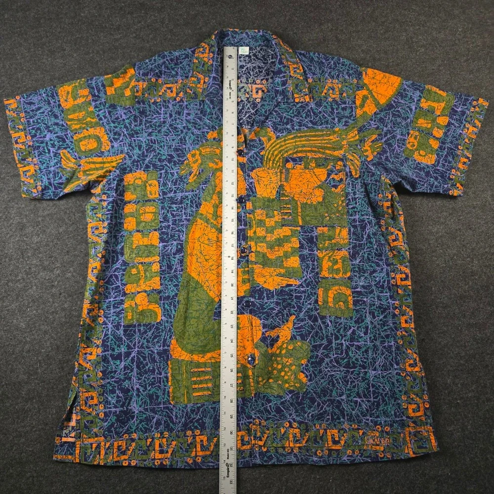 Vtg Button Down Camp Shirt Mexico Aztec Mayan Batik Graphic Print Men's XL